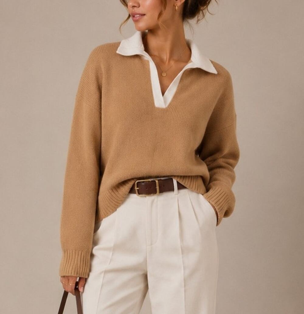Abercrombie & Fitch Contrast Collar V-Neck Sweater Womens S Tan Preppy Old Money